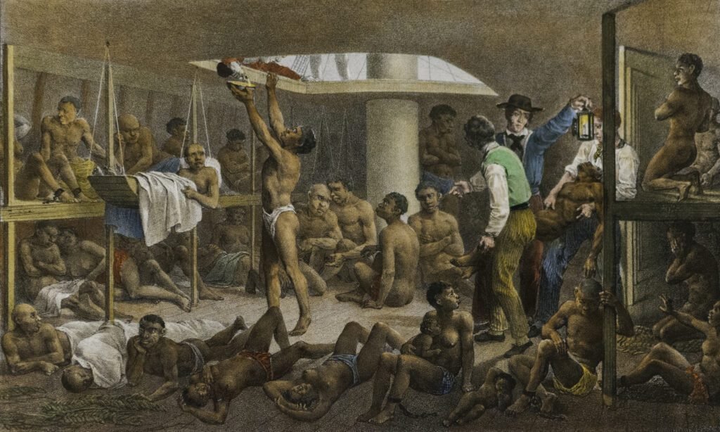 Navrio negreiro do tráfego de escravos indo para Cabo Verde