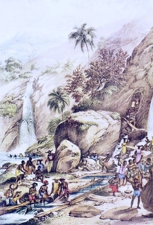 Pintura de Johann Moritz Rugendas de 1820-1825 retratando a mineração de ouro por lavagem perto do Morro de Itacolomi