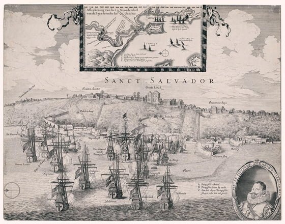 Perspectiva da cidade de Salvador e da armada que invadiu a cidade em 1624.