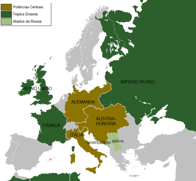 Alianças militares europeias em 1910. Os aliados da Tríplice Entente em verde escuro e as Potências Centrais da Tríplice Aliança em verde oliva