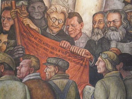 Detalhe do Homem, Controlador do Universo, afresco no Palacio de Bellas Artes na Cidade do México, mostrando Leon Trótski, Friedrich Engels e Karl Marx