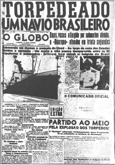 Manchete do jornal O Globo noticiando o afundamento do Buarque.