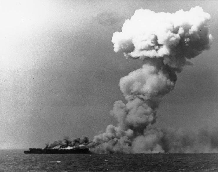 The aircraft carrier USS Princeton on fire during the Battle of Leyte Gulf