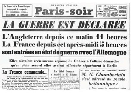Primeira página do jornal francês Paris-Soir, "França Declara Guerra à Alemanha", 3 de setembro de 1939