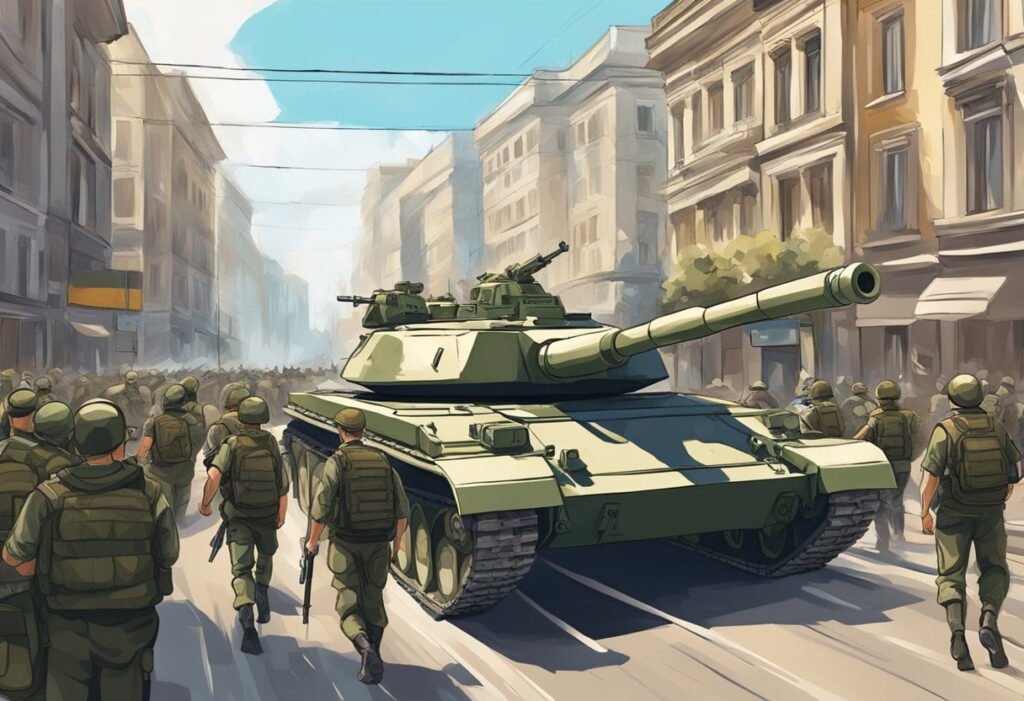 Desenho de soldados marchando durante o golpe do Estado Novo