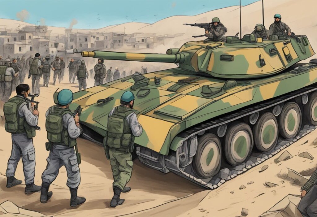 Tanque de guerra e soldados batalhando durante a guerra civil da Síria