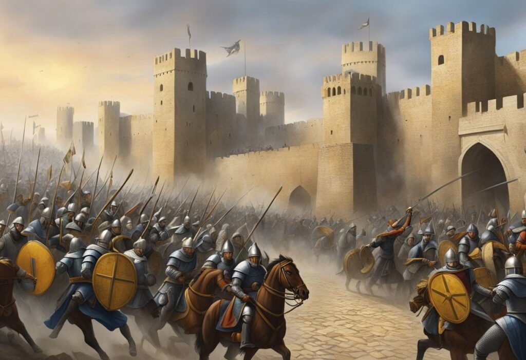 Soldados da Quarta Cruzada batalhando ao redor do castelo