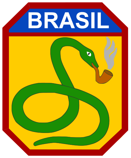 Insígnia da Força Expedicionária Brasileira na manga do ombro (componente do Exército) com uma cobra fumando.