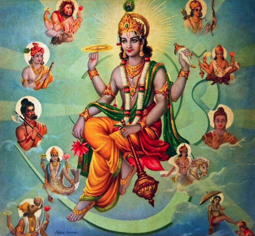 Deus hindu Vishnu (centro) cercado por seus dez avatares principais