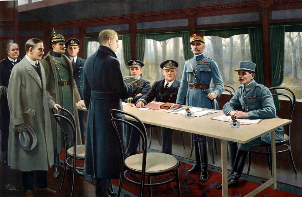 Pintura representando a assinatura do armistício no vagão ferroviário.
