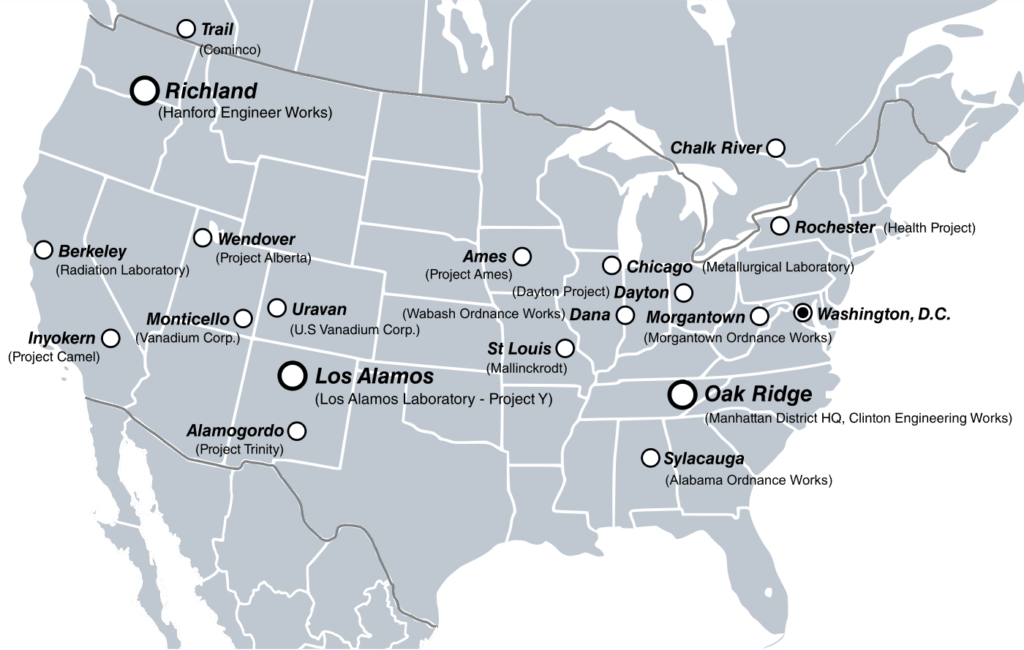 Uma seleção de locais dos EUA e do Canadá importantes para o Projeto Manhattan