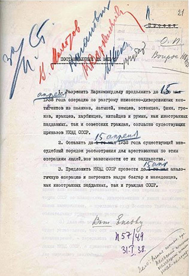 A decisão do Politburo de estender os prazos das operações de expurgo de “linha nacional” (de base étnica) assinada por Stalin, Molotov, Kaganovich, Voroshilov, Mikoyan e Chubar