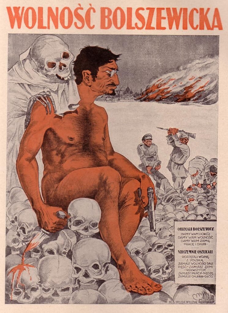 "Liberdade bolchevique" com Trotsky nu em um pôster de propaganda polonês, Guerra Polaco-Soviética (1920).