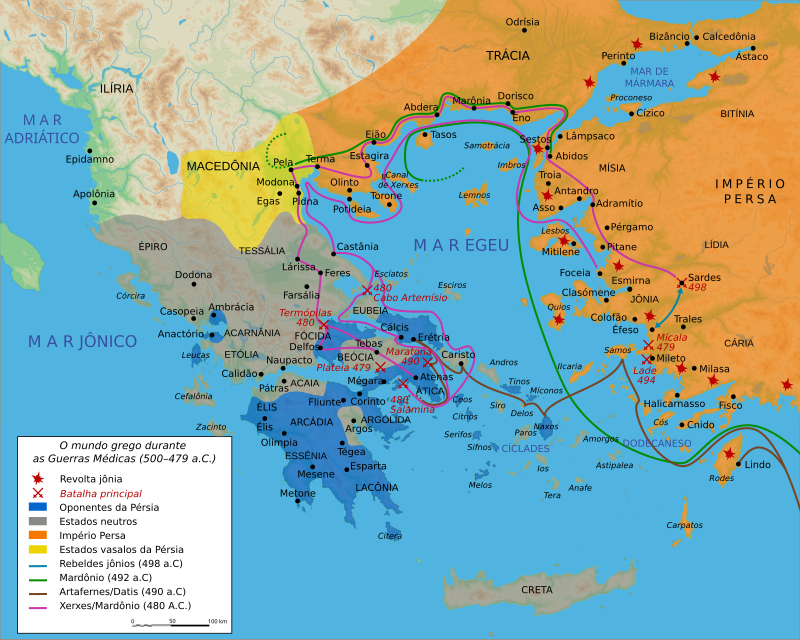 Mapa mostrando acontecimentos das primeiras fases das Guerras Greco-Persas.