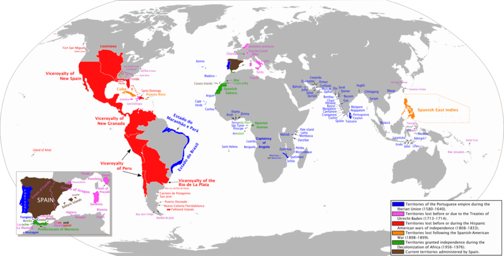 Mapa dos impérios espanhol e português durante a União Ibérica (1580–1640).