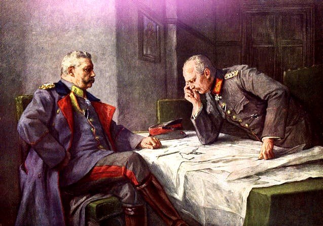 Representação de Hindenburg e Erich Ludendorff na batalha de Tannenberg (pintura de Hugo Vogel).