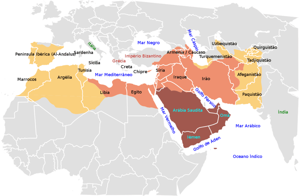 Mapa da expansão dos califados árabes

 Marron escuro: Expansão até à morte de Maomé, 622-632

 Marron claro: Expansão durante o Califado Ortodoxo, 632-661

 Amarelo: Expansão durante o Califado Omíada, 661-750.
