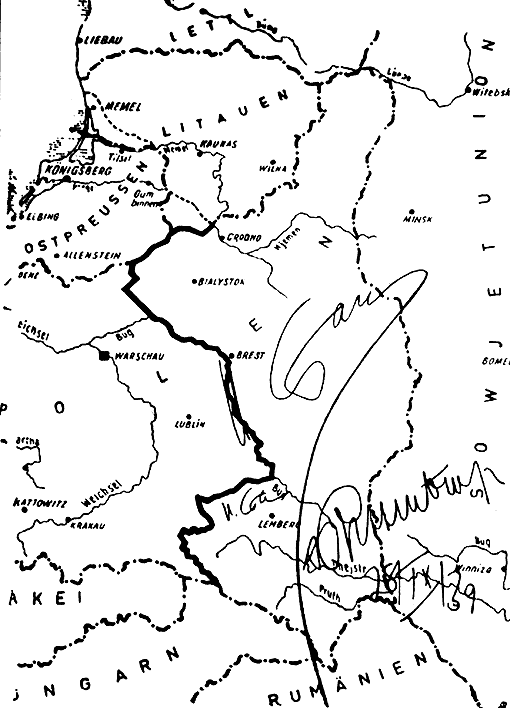 " Segundo Pacto Ribbentrop-Molotov " de 28 de setembro de 1939. Mapa da Polônia assinado por Stalin e Ribbentrop (focado no Kresy ) ajustando a fronteira germano-soviética após a invasão alemã e soviética da Polônia.