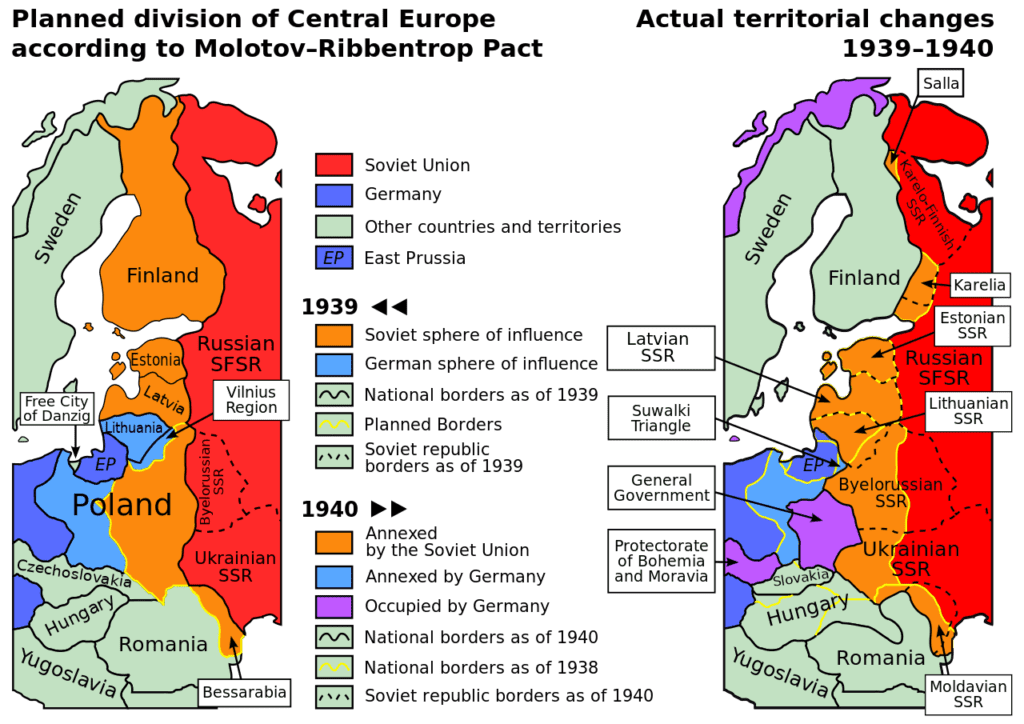 Pacto Molotov-Ribbentrop – mapa político da Europa Central em 1939–1940 (um mapa em inglês).