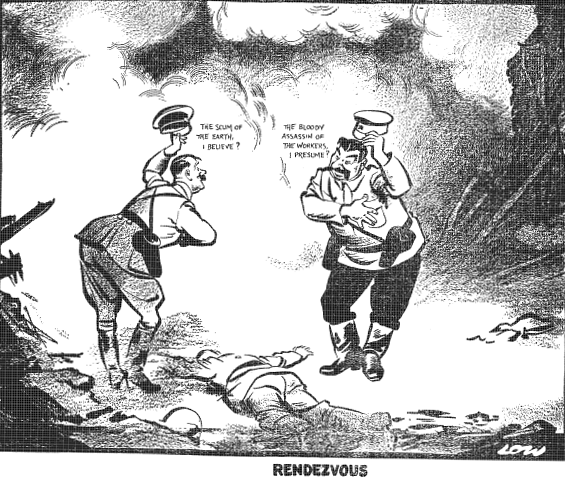 Cartoon do Evening Standard retratando Hitler cumprimentando Stalin após a invasão da Polônia , com as palavras: "A escória da terra, eu acredito?" Ao que Stalin responde: “O maldito assassino dos trabalhadores, presumo?”; 20 de setembro de 1939.